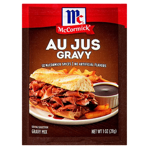 Rich, beefy and delicious gravy. With this special seasoning mix, making inspired French dip sandwiches is easier than ever! Just like you'd get at a premium restaurant. So go ahead, eat in!nnMcCormick Au Jus Gravy is perfect for dipping or serving over favorite dishes. Made with McCormick spices, this seasoning mix doesn't contain MSG or artificial flavors or colors, so you can serve French dip-inspired sandwiches or juicy roasts knowing you're serving your family the very best.