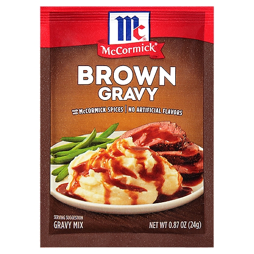 Enjoy a savory addition to your homemade meals with McCormick Brown Gravy Mix. It's made with McCormick spices and no artificial flavors or added MSG*, so you know that you are serving your family gathering the very best. Our gravy mix is the perfect choice for holiday roast or everyday meals. It makes 1 cup of deliciously smooth brown gravy in less than 5 minutes. Simply stir 1 pkg. of the mix and 1 cup water in a saucepan, bring to a boil and simmer for 1 minute. Serve on side dishes like mashed potatoes, stuffing and noodles or enhance the main course by drizzling it over roast beef, roast goose, meatloaf or hot meat sandwiches. Our brown gravy mix also makes a great meal starter for pot roasts, casseroles and beef stew.
*Except those naturally occurring glutamates.