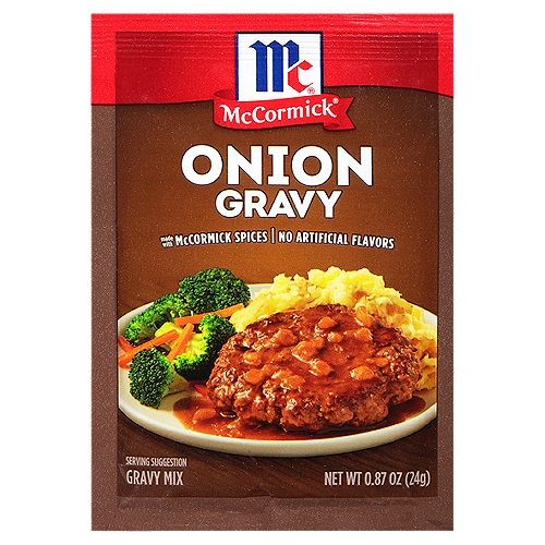 McCormick Onion Gravy Mix, 0.87 oz
Perfectly smooth onion gravy in just 5 minutes! Made with McCormick spices and no artificial flavors or MSG added*, this lump-free gravy is a hit. Serve over roasts, potatoes, meatloaf and more. McCormick Onion Gravy Seasoning Mix is so easy to prepare - just mix 1 package with a cup of water and simmer for 1 minute for a savory homemade-tasting onion gravy. Pour over everyday meals like meatloaf and mashed potatoes or the holiday roast beef and stuffing. You'll know that you're serving your family the very best. Our Onion Gravy Seasoning Mix makes a delicious Onion Dip and is also a great meal starter for recipes like Shepherd's Pie. *Except those naturally occurring glutamates.