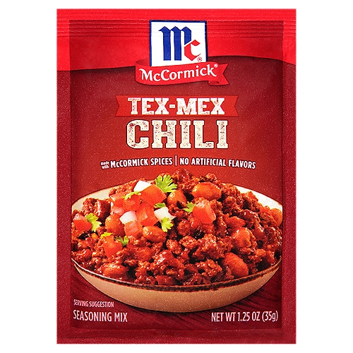 A bold blend of McCormick spices, Tex-Mex Chili Seasoning Mix makes family-favorite chili every single time. Our signature mix is crafted with chili pepper, jalapeño pepper, onion, garlic and bell peppers, and contains no added MSG or artificial flavors. nnWhen you are short on time or inspiration, a packet of our chili mix in the pantry saves the day! A hearty, homemade meal can be on the table in just 20 minutes. Simply brown ground beef or turkey, add seasoning mix, canned tomatoes and kidney beans, then simmer to blend the flavors. Accompany with toppings like shredded cheese or sour cream. Or serve the chili over hot dogs, rice, nachos or corn chips. You can also use our seasoning mix in place of the spices in your own chili recipe.