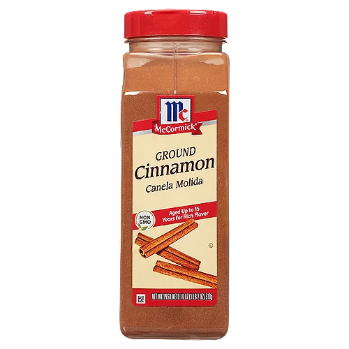 McCormick Ground Cinnamon, 18 oz
One of the world's oldest and most popular spices, the versatile flavor brings deep, warm sweetness to sweet and savory foods - from cookies, pies and coffee to sweet potatoes and spice rubs.
At McCormick we're committed to quality. That's why our premium Ground Cinnamon is never made with added fillers. Aged up to 15 years for rich flavor, it's perfect for both sweet and savory recipes. Add our Ground Cinnamon to cinnamon rolls, French toast or a hot cappuccino. Use it to enhance savory side dishes like sweet potatoes, couscous or butternut squash, or to add a nuanced sweetness to meat rubs or ham for spicy warmth the whole family will enjoy.