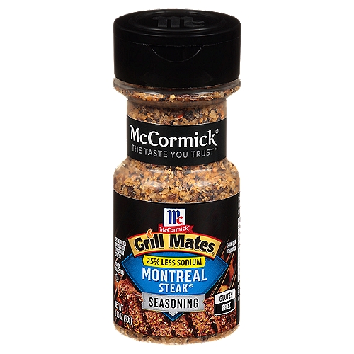 McCormick Grill Mates 25% Less Sodium Montreal Steak Seasoning, 3.18 oz
Show them how it's done with a shake of McCormick Grill Mates 25% Less Sodium Montreal Steak Seasoning Blend. Made with McCormick Spices, including garlic, red and black pepper and paprika, this seasoning is your go-to source for steaks, pork and burgers that pack a flavor punch. All it takes is one tablespoon of seasoning per pound of meat to turn a simple meal into a mouthwatering event.