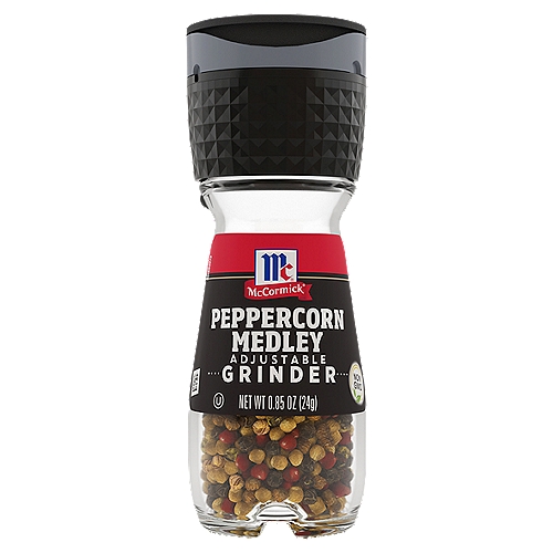 McCormick® Peppercorn Medley Grinder is a colorful blend of black, white, green and pink peppercorns, with whole allspice and coriander. The built-in adjustable grinder offers a coarser grind for seasoning meats or a finer grind for dishes like stews, vegetables or eggs. Our whole peppercorn and spice medley brings unique flavor and color to your favorite dishes. It adds contrasting sharp and mild heat from the peppercorns and complex spice notes from allspice and coriander. A simple turn of the red tab adjusts the grinder from coarse ground to finely ground pepper. Then turn upside down and twist over everything from grilled meats to pastas and salads. Keep in the kitchen, at the table or by the grill for freshly ground flavor anytime.