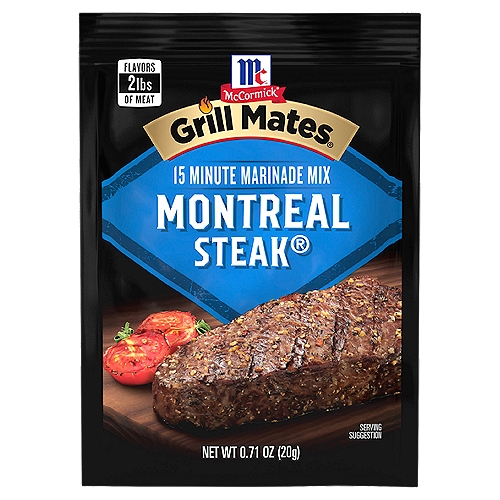 McCormick Grill Mates Montreal Steak Marinade Mix, 0.71 oz
All you need is flame and flavor to get noticed at the barbecue. McCormick Grill Mates Montreal Steak Marinade Seasoning Mix is built from the ground up, with bold ingredients like red and black pepper, garlic and paprika. Simply combine one marinade packet with ¼ cup water and vegetable oil, 2 tablespoons red wine or white vinegar with 1 ½ to 2 pounds of beef, pork or lamb, marinate, grill. The result? An unmatched depth of iconic flavor.
