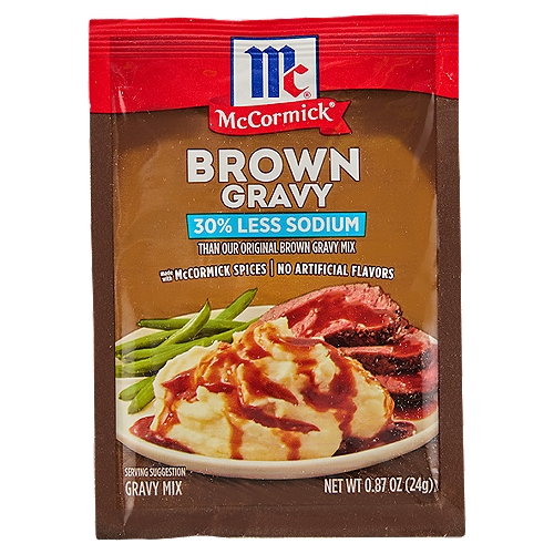 McCormick 30% Less Sodium Brown Gravy Seasoning Mix, 0.87 oz
Perfect for holiday and everyday meals, this smooth, hearty gravy is delicious served over roast beef, prime rib, mashed potatoes, stuffing and hot beef sandwiches. Made with McCormick herbs and spices, it contains 30% less sodium than our original brown gravy mix. McCormick Less Sodium Brown Gravy Seasoning Mix is so easy to prepare  ̶  just mix 1 package with a cup of water and simmer for 1 minute for a rich and savory make-ahead brown gravy. This mix contains no added MSG* or artificial flavors, so you can pour it over mom's famous meatloaf or mashed potatoes knowing you're serving your family the very best. Our Brown Gravy Seasoning Mix also makes a great meal starter for pot roast, casseroles and beef stew. *except those naturally occurring glutamates

This Product Contains 230 Mg of Sodium, Our Original Brown Gravy Contains 340 Mg Sodium Per Serving.