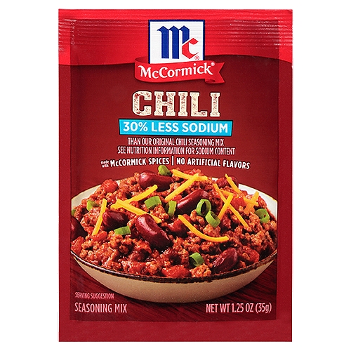 McCormick 30% Less Sodium Chili Seasoning Mix, 1.25 oz
What's McCormick 30% Less Sodium Chili Seasoning Mix all about? Great tasting chili with less sodium! With 30% less sodium and no added MSG or artificial flavors, you can feel good about serving your family the best. It's blended with McCormick spices, including chili pepper, onion and garlic. Mix with your favorite beef or turkey chili recipe for a quick weeknight meal that will have the whole table craving seconds.