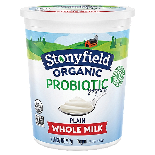Stonyfield Organic Whole Milk Probiotic Yogurt, Plain, 32 oz.
With billions of probiotics per serving, Stonyfield Organic Whole Milk Probiotic Yogurt helps support immunity and digestive health when eaten regularly as part of a healthy lifestyle and diet.

6 Live Active Cultures: S. thermophilus, L. bulgaricus, Bifidobacterium BB-12®, L. acidophilus, L. paracasei and L. rhamnosus.

No Toxic Persistent Pesticides*
*Our products are made without the use of toxic persistent pesticides