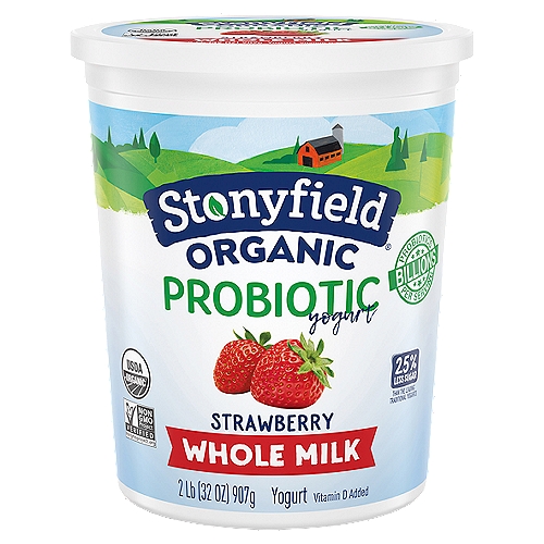 With billions of probiotics per serving, Stonyfield Organic Whole Milk Probiotic Yogurt helps support immunity and digestive health when eaten regularly as part of a healthy lifestyle and diet.nnThis yogurt has 2.7g sugar/oz vs an average 3.6g sugar/oz in the leading branded non-strained traditional yogurts.nn6 Live Active Cultures: S. thermophilus, L. bulgaricus, Bifidobacterium BB-12®, L. acidophilus, L. paracasei and L. rhamnosus.