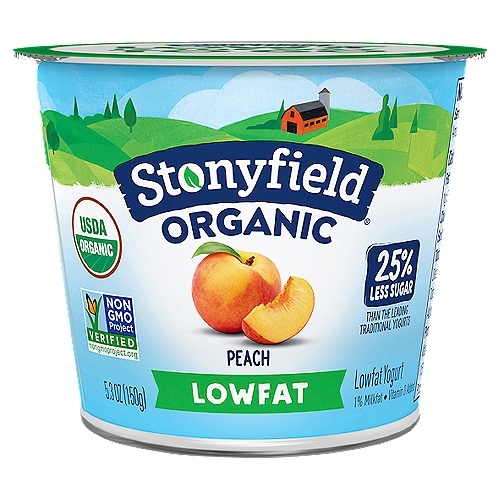 Stonyfield Organic Lowfat Yogurt, Peach, 5.3 oz. Cup
Stonyfield Organic Peach Lowfat Yogurt is the perfect breakfast staple or afternoon snack for days on the go. At 5.3 ounces per cup, it's the ideal snack size.

6 Live Active Cultures: S. thermophilus, L. bulgaricus, L. acidophilus, Bifidus, L. paracasei and L. rhamnosus.

This yogurt has 2.6g sugar/oz vs an average 3.6g sugar/oz in the leading branded non-strained traditional yogurts.

No Toxic Persistent Pesticides*
*Our products are made without the use of toxic persistent pesticides