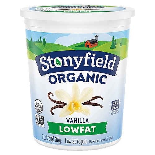 Stonyfield Organic Lowfat Yogurt, Vanilla, 32 oz.
Stonyfield Organic Vanilla Lowfat Yogurt is the perfect breakfast staple or afternoon snack for days on the go. Packaged in a 32-ounce container.

6 Live Active Cultures: S. thermophilus, L. bulgaricus, L. acidophilus, Bifidus, L. paracasei and L. rhamnosus.

This yogurt has 2.7g sugar/oz vs an average 3.6g sugar/oz in the leading branded non-strained traditional yogurts.

No Toxic Persistent Pesticides*
*Our products are made without the use of toxic persistent pesticides