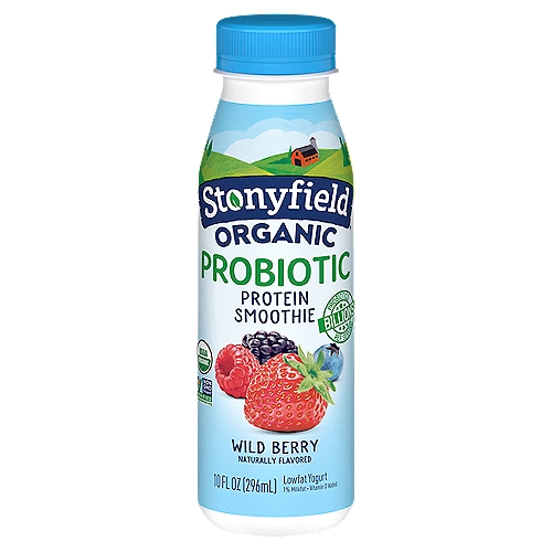 Stonyfield® Organic Probiotic Wild Berry Lowfat Yogurt Protein Smoothie 10 fl. oz. Bottle
Certified USDA Organic

Goodness To-Go
Immune Support and Digestive Health* Made Quick and Delicious! Grab, Shake, and Enjoy Billions of Probiotics, Protein, Calcium, and Vitamin D as a Snack or On-The-Go.
Refuel After Sports
Add it to Your Lunchbox
Breakfast on the Go

*When Eaten Regularly as Part of a Healthy Lifestyle and Diet.