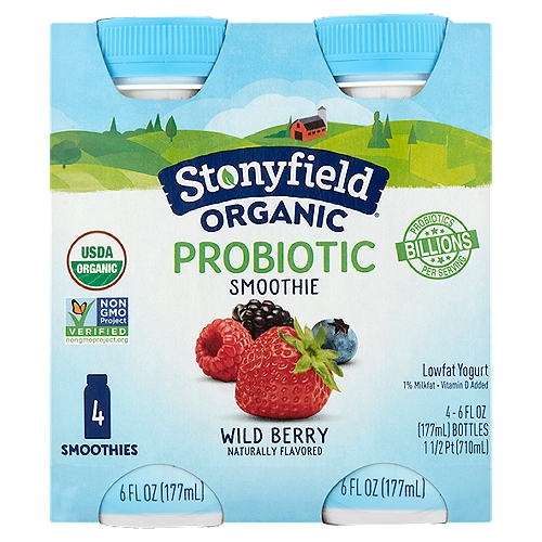 Stonyfield Organic Probiotic Wild Berry Smoothie Lowfat Yogurt, 6 fl oz, 4 count
