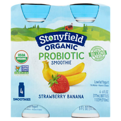 Stonyfield Organic Probiotic Strawberry Banana Smoothie Lowfat Yogurt, 6 fl oz, 4 count