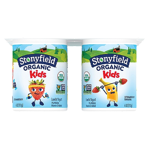 Stonyfield Organic Kids Strawberry & Strawberry Banana Lowfat Yogurt Cups are a super snack for hungry kids.nn6 Live Active Cultures: S. thermophilus, L. bulgaricus, L. acidophilus, Bifidus, L. paracasei and L. rhamnosus.nnThis yogurt has 2.25g of sugar per oz vs. 3.5g per oz in the leading kids' yogurt.