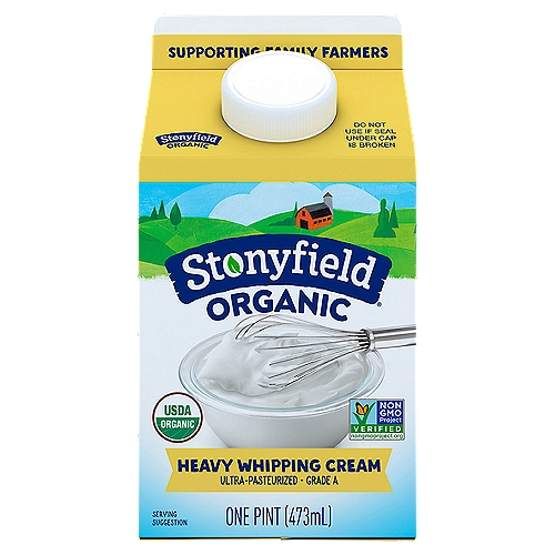 No Toxic Persistent Pesticides*n*This product is made without the use of toxic persistent pesticides.nnNo Artificial Growth Hormones**n**No significant difference has been shown between milk derived from cows treated with artificial growth hormones and those not treated with artificial growth hormones.nnStonyfield Organic Ultra Pasteurized Organic Heavy Whipping Cream comes from dairy cows that are free of antibiotics, free of synthetic hormones, and free to graze outside. Stonyfield Organic buys from farmers who have a passion for healthy foods, healthy people, and a healthy planet. Whisk this Stonyfield organic cream into fluffy whipped cream, perfect for topping your favorite dessert, or to dollop into your morning coffee for a special treat. An easy-pour spout makes it simple to add just the right amount of this delectable, organic heavy cream pint to your beverages or recipes.