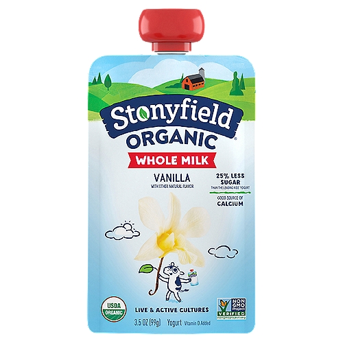 Stonyfield Organic Vanilla Whole Milk Yogurt, 3.5 oz
5 Live Active Cultures: S. thermophilus, L. bulgaricus, L. acidophilus, Bifidus and L. paracasei.

No Toxic Persistent Pesticides*
*Our products are made without the use of toxic persistent pesticides

This yogurt has 2.6g of sugar per oz vs. 3.5g per oz in the leading kids' yogurt