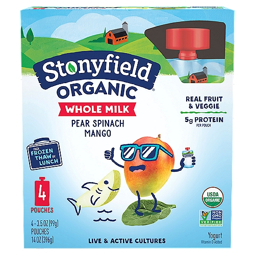 Stonyfield Organic Pear Spinach Mango Whole Milk Yogurt Pouches are the portable super snack for hungry kids, featuring pear and mango purees and spinach puree.nnNo Toxic Persistent Pesticides*n* Our products are made without the use of toxic persistent pesticidesnn5 Live Active Cultures: S. thermophilus, L. bulgaricus, L. acidophilus, Bifidus and L. paracasei.