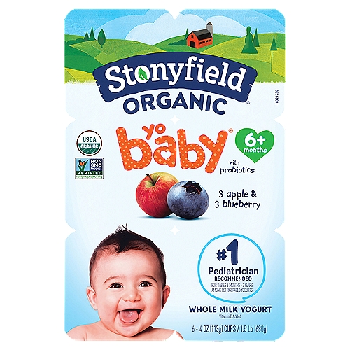 Stonyfield Organic® YoBaby® Whole Milk Baby Yogurt with Probiotics Apple & Blueberry
Stonyfield Organic YoBaby Whole Milk Apple & Blueberry Yogurt Cups are a first food for babies 6 months and older - the perfect 4-ounce size for introducing new flavors. Includes 3 apple cups and 3 blueberry cups.

Apple & Blueberry Whole Milk Yogurt with Probiotics 6+ Months

#1 pediatrician Recommended for Babies 6 Months - 2 Years Among Refrigerated Yogurts

Nourish Your Baby
✓ Protein
✓ Vitamin D
✓ Calcium
✓ Whole Milk

6 Live Active Cultures: S. thermophilus, L. bulgaricus, Bifidobacterium animalis lactis BB-12®, L. acidophilus, L. paracasei and L. rhamnosus.