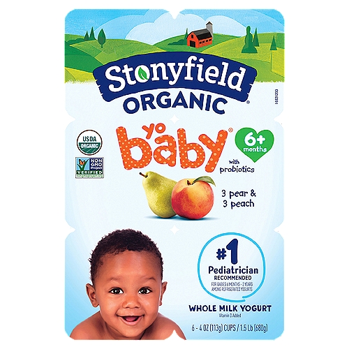 Stonyfield Organic YoBaby Whole Milk Yogurt with Probiotics Peach and Pear
Stonyfield Organic YoBaby Whole Milk Pear & Peach Yogurt Cups are a first food for babies 6 months and older - the perfect 4-ounce size for introducing new flavors. Includes 3 pear cups and 3 peach cups.

#1 pediatrician recommended for babies 6 months - 2 years among refrigerated yogurts

6 Live Active Cultures: S. thermophilus, L. bulgaricus, Bifidobacterium animalis lactis
BB-12®, L. acidophilus, L. paracasei and L. rhamnosus.

Nourish Your Baby
✓ Protein
✓ Vitamin D
✓ Calcium
✓ Whole milk