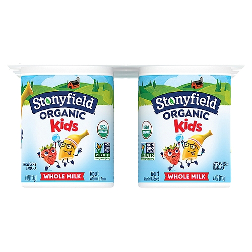 Stonyfield Organic Kids Whole Milk Yogurt Cups, Strawberry Banana, 6 Ct
Stonyfield Organic Kids Whole Milk Yogurt Cups are the portable super snack for hungry kids, featuring sweet strawberry and creamy banana flavors.

35% Less Sugar than the Leading Kids' Yogurt
This yogurt has 2.25g of sugar per oz vs. 3.5 per oz in the leading kids' yogurt.

6 Live Active Cultures: S. thermophilus, L. bulgaricus, L. acidophilus, Bifidus, L. paracasei and L. rhamnosus.