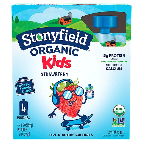 Stonyfield Organic Strawberry Lowfat Yogurt is the portable super snack for hungry kids. At 3.5 oz. per pouch, it's the ideal mid-afternoon pick-me-up..nn5 Live Active Cultures: S. thermophilus, L. bulgaricus, L. acidophilus, Bifidus and L. paracasei.nnNo Toxic Persistent Pesticides*n* Our products are made without the use of toxic persistent pesticides