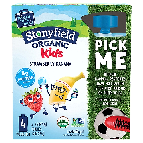 Stonyfield Organic Kids Strawberry Banana Lowfat Yogurt Pouches, 4 Ct
Stonyfield Organic Strawberry Banana Lowfat Yogurt is the portable super snack for hungry kids. At 3.5 oz. per pouch, it's the ideal mid-afternoon pick-me-up.

No Toxic Persistent Pesticides*
* Our products are made without the use of toxic persistent pesticides

5 live active cultures: S. thermophilus, L. bulgaricus, L. acidophilus, Bifidus and L. paracasei.