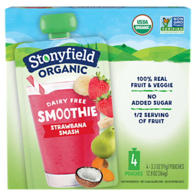 Stonyfield Organic Dairy Free Smoothie Pouches, Strawbanana Smash, 4 Ct