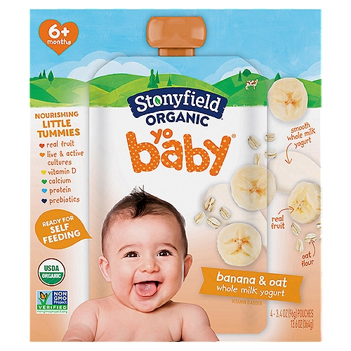 Stonyfield Organic YoBaby Whole Milk Baby Yogurt Pouches, Banana & Oat, 4 Ct
Stonyfield Organic YoBaby Whole Milk Banana & Oat Yogurt Pouches are an easy on-the-go food for babies 6 months and older - the perfect handheld size for introducing new flavors.

Nourishing Little Tummies
♥ real fruit
♥ live & active cultures
♥ vitamin D
♥ calcium
♥ protein
♥ prebiotics

5 Live Active Cultures: S. thermophilus, L. bulgaricus, L. acidophilus, Bifidus and L. paracasei.