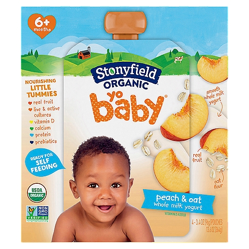 Stonyfield Organic YoBaby Whole Milk Baby Yogurt Pouches, Peach & Oat, 4 Ct
Stonyfield Organic YoBaby Whole Milk Peach & Oat Yogurt Pouches are an easy on-the-go food for babies 6 months and older - the perfect handheld size for introducing new flavors.

Nourishing Little Tummies
♥ Real fruit
♥ Live & active cultures
♥ Vitamin D
♥ Calcium
♥ Protein
♥ Prebiotics

5 Live Active Cultures: S. thermophilus, L. bulgaricus, L. acidophilus, Bifidus and L. paracasei.