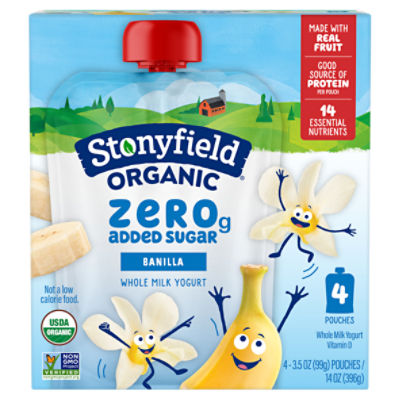 Stonyfield Organic Kids Zero G Added Sugar Whole Milk Yogurt Pouches, Banilla, 3.5 oz., 4Ct