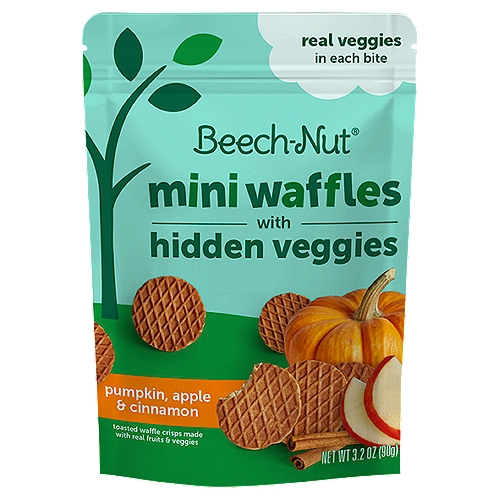 Beech-Nut Mini Waffles with Hidden Veggies are a delicious snack tots love made with real fruits and veggies like pumpkin and apple. With only 1g of sugar per serving and veggies in every bite, they're a great alternative to other cookies, biscuits, bars, and sugary treats. Toasted with real fruits and veggies and in a mini size that's great for self feeding, it's the perfect snack for at home or on the go. Each bag contains 18 mini waffle crisps. As a stage 4 snack, this snack is ideal for children 12 months and up. This product should only be fed to seated, supervised children who are accustomed to chewing solid foods.