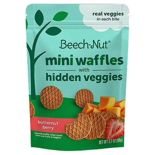 Beech-Nut Mini Waffles with Hidden Veggies are the delicious snack tots love made with real fruits and veggies like butternut squash and strawberries. With only 1g of sugar per serving and veggies in every bite, they're a great alternative to other sugary treats. Toasted with real fruits and veggies and in a mini size that's great for self feeding, this is the perfect snack for at home or on the go. Each bag contains 18 mini waffle crisps. As a stage 4 snack, this bar is ideal for children 12 months and up. This product should only be fed to seated, supervised children who are accustomed to chewing solid foods. - 1g of sugar per serving - Veggies in every bite - Toasted with real fruits & veggies - Good for self feeding - Toddler snack- for 12 months and up
