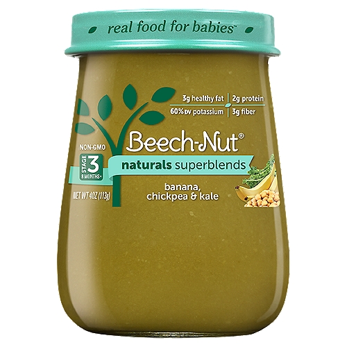 Beech-Nut Naturals Superblends Banana, Chickpea & Kale Baby Food, Stage 3, 8 Months+, 4 oz
Real food for babies™