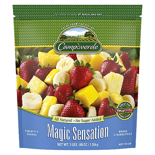 Campoverde Magic Sensation Pineapple, Banana, Mango and Strawberries, 3 lbs
Fresh from the Fields
The fruits in Campoverde Magic Sensation are frozen at their peak of sweetness, preserving maximum flavor and nutritional value for your ultimate enjoyment. Use as you would fresh fruit or add in cereal, yogurt, smoothies or your favorite dessert.