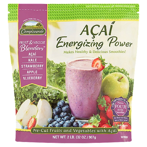 Campoverde Açaí Energizing Power Fruit and Veggie Blenders, 8 count, 32 oz
Pre-Cut Fruits and Vegetables with Açaí

Campoverde Fruit & Veggie Blenders provide the perfect balance of fruits and vegetables. Our Açaí Energizing Power Blend is a tasty combination of açaí, kale, strawberries, apples and blueberries. It's delicious and nutritious.