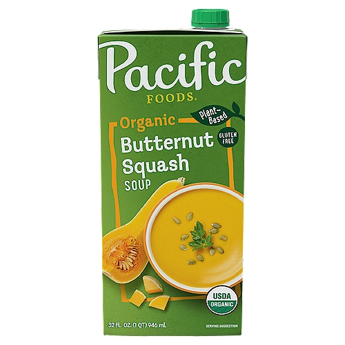 Pacific Foods Organic Creamy Butternut Squash Soup, 32 fl oz
Pacific Foods Organic Butternut Squash Soup contains fall harvested butternut squash, simmered slowly to bring out its natural sweetness and smooth texture. Ginger, onion and garlic mingle with cinnamon and nutmeg for a creamy, flavorful soup with a hint of nuttiness. At Pacific Foods, we're proud of using time-honored recipes and quality ingredients. We steer clear of additives and GMOs and always will. Our mission is to nourish every body, one meal at a time.