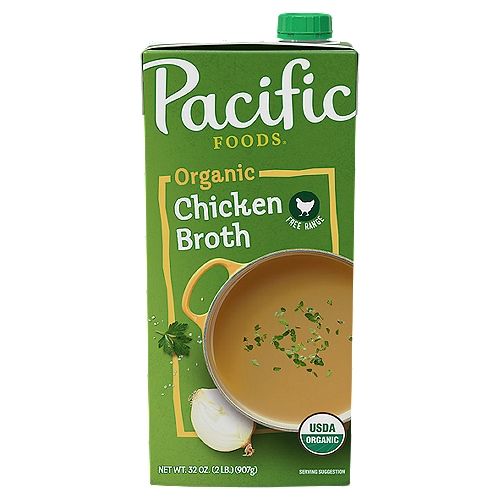 Pacific Foods Organic Free Range Chicken Broth, 32 fl oz
Pacific Foods Organic Free Range Chicken Broth is the perfect combination of organic free range chicken, sea salt and just the right amount of seasonings to make this broth rich and full of flavor. Use this chicken broth as a base for soups, risottos and pasta dishes, and add flavor and depth to your favorite recipes. Pacific Foods Organic Free Range Chicken Broth is fat-free and gluten-free, and made with nothing but the highest quality organic ingredients. At Pacific Foods, we believe that making foods we're proud of is as much about the ingredients we use as it is about the actual recipe. We steer clear of additives, preservatives and common allergens, and GMOs. The way we see it, nature knows how foods should taste, and we just try to follow her lead.