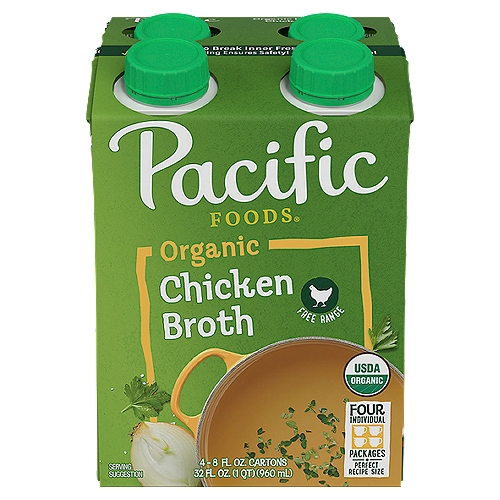 Pacific Foods Organic Free Range Chicken Broth, 8 fl oz, 4 count
Pacific Foods Organic Free Range Chicken Broth is the perfect combination of organic free range chicken, sea salt and just the right amount of seasonings to make this broth rich and full of flavor. Use this chicken broth as a base for soups, risottos and pasta dishes, and add flavor and depth to your favorite recipes. Fat-free and gluten-free, and made with nothing but the highest quality organic ingredients. At Pacific Foods, we believe that making foods we're proud of is as much about the ingredients we use as it is about the actual recipe. We steer clear of additives, preservatives and common allergens, and GMOs. The way we see it, nature knows how foods should taste, and we just try to follow her lead.