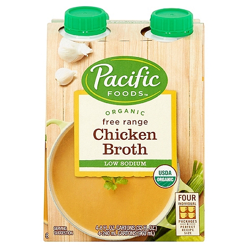 Pacific Foods Organic Free Range Chicken Broth, 8 fl oz, 4 count
Pacific Foods Organic Free Range Low-Sodium Chicken Broth is the perfect combination of organic free range chicken and just the right amount of seasonings to make this broth rich and full of flavor, without all the sodium. Use this chicken broth as a base for soups, risottos and pasta dishes, and add flavor and depth to your favorite recipes. Pacific Foods Organic Free Range Low-Sodium Chicken Broth is fat-free and gluten-free, and made with nothing but the highest quality organic ingredients. At Pacific Foods, we believe that making foods we're proud of is as much about the ingredients we use as it is about the actual recipe. We steer clear of additives, preservatives and common allergens, and GMOs. The way we see it, nature knows how foods should taste, and we just try to follow her lead.