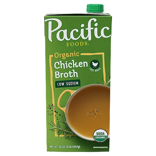 Pacific Foods Low Sodium Organic Free Range Chicken Broth, 32 fl oz
Pacific Foods Organic Free Range Low-Sodium Chicken Broth is the perfect combination of organic free range chicken and just the right amount of seasonings to make this broth rich and full of flavor, without all the sodium. Use this chicken broth as a base for soups, risottos and pasta dishes, and add flavor and depth to your favorite recipes. Pacific Foods Organic Free Range Low-Sodium Chicken Broth is fat-free and gluten-free, and made with nothing but the highest quality organic ingredients. At Pacific Foods, we believe that making foods we're proud of is as much about the ingredients we use as it is about the actual recipe. We steer clear of additives, preservatives and common allergens, and GMOs. The way we see it, nature knows how foods should taste, and we just try to follow her lead.