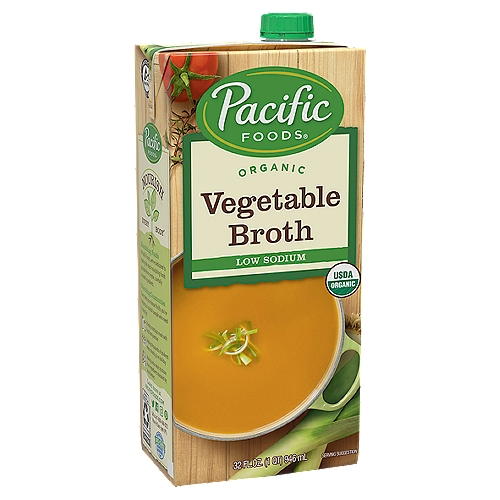 Pacific Foods Organic Low Sodium Vegetable Broth is a perfect start to soups and side dishes. We've simmered savory leeks, onions and garlic, adding carrots, celery and vine-ripened tomatoes for garden fresh flavor. Fat-free and gluten-free, and is great for vegetarian and vegan diets. At Pacific Foods, we steer clear of additives, preservatives and common allergens, and GMOs. The way we see it, nature knows how foods should taste, and we just try to follow her lead.