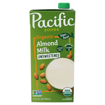 Pacific Foods Organic Unsweetened Almond Milk, Plant Based Milk, 32 oz Carton