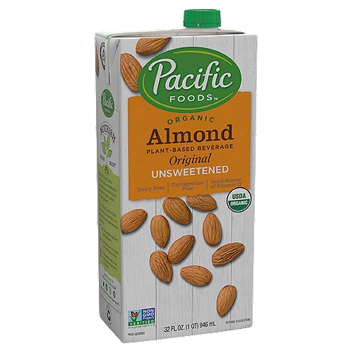 Pacific Foods Organic Almond Original Unsweetened Plant-Based Beverage, 32 fl oz
Good source of vitamin D*

Good to Know
Gluten free
Vegan
Low fat*
Organic = Non - GMO
*Per serving