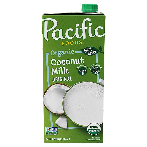 Pacific Foods Original Organic Coconut Plant-Based Beverage, 32 fl oz
Good to Know
Good source of vitamin D*
*Per Serving
Gluten free
Natural source of medium chain fatty acids (MCFAs)
Organic = non-GMO