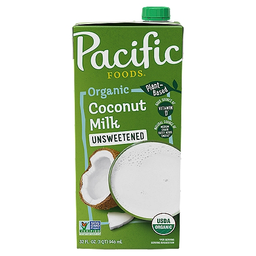 Pacific Foods Organic Coconut Original Unsweetened Plant-Based Beverage, 32 fl oz
Good source of vitamin D*
*Per serving

Good to Know
Gluten free
Vegan
Natural source of medium chain fatty acids (MCFAs)
Organic = Non-GMO