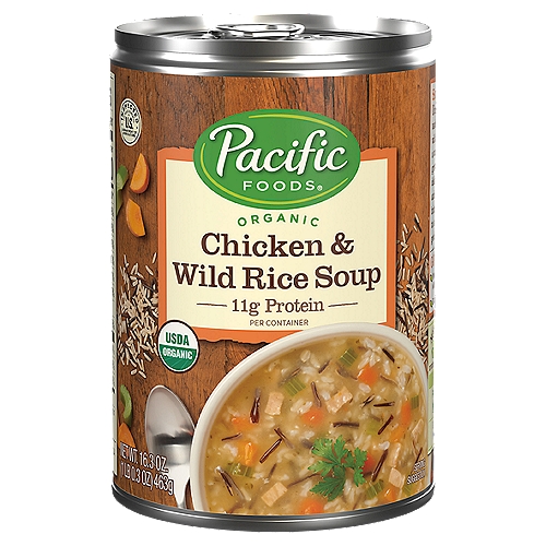 Immerse your taste buds into something truly unique with Pacific Foods Organic Chicken and Wild Rice Soup. This organic soup has tender organic chicken, wild and brown rice and a variety of organically grown vegetables. Enjoy it on its own as a quick and easy snack, customize it with your favorite toppings or pair soups with a salad, sandwich or wrap. USDA Certified Organic and made with non-GMO ingredients, this organic chicken soup contains 11 grams of protein per can.