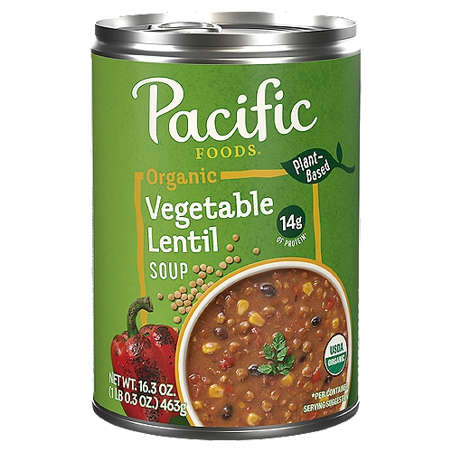 Pacific Foods Organic Vegetable Lentil Soup, 16.3 oz
Pacific Foods Organic Vegetable Lentil Soup is a mouthwatering take on an old classic. This plant based, organic soup is made using time-honored recipes and quality ingredients. Each delicious spoonful of this vegan soup combines the rich flavors of fire-roasted red peppers, tender lentils, vine-ripened tomatoes and black beans. With 14 grams of protein per can and a good source of fiber, this soup helps keep you feeling satisfied. This Non-GMO soup contains no MSG, no high fructose corn syrup, no artificial colors or flavors, allowing each ingredient's true flavor and nutrition to shine. For a simple, convenient meal, just pop this canned soup into a saucepan or microwave-safe bowl, heat and enjoy. Or, serve it up as a tasty appetizer or side dish. The soup can is recyclable for easy disposal. Enjoy flavorful soup that's as nutritious as it is delicious. Specifically Pacific.