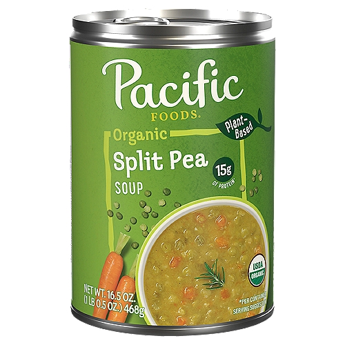 Pacific Foods Organic Split Pea Soup, 16.5 oz
Pacific Foods Organic Split Pea Soup is a simple, yet satisfying twist on a classic. This plant based, organic soup is made using time-honored recipes and clean, simple ingredients. Each delicious spoonful of this vegan soup features hearty organic split peas and carrots, simmered slowly and seasoned meticulously. With 15 grams of protein and 45 percent daily vegetables per can, this gluten free soup helps keep you feeling satisfied. This Non-GMO soup contains no MSG, no high fructose corn syrup, no artificial colors or flavors, and no added sugars or preservatives, allowing each ingredient's true flavor and nutrition to shine. For a simple, convenient meal, just pop this canned soup into a saucepan or microwave-safe bowl, heat and enjoy. Or, serve it up as a tasty appetizer or side dish. The soup can is recyclable for easy disposal. Enjoy flavorful soup that's as nutritious as it is delicious. Specifically Pacific.