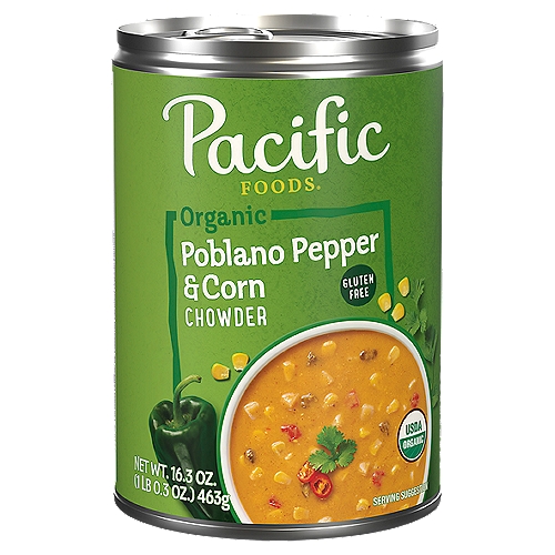 Pacific Foods Organic Poblano Pepper and Corn Chowder is a stylishly simple corn chowder with a kick. This organic soup is made using time-honored recipes and quality ingredients. Fire roasted poblano peppers set a smoky tone for this blend of sweet corn, potatoes and cream. A deliciously unexpected bite of chili pepper, cumin and cilantro creates a flavor explosion you won't be able to get enough of. Each can of vegetarian soup is a good source of fiber, helping you feel satisfied. This Non-GMO soup contains no MSG, no high fructose corn syrup, no artificial colors or flavors, allowing each ingredient's true flavor and nutrition to shine. For a simple, convenient meal, just pop this canned soup into a saucepan or microwave-safe bowl, heat and enjoy. Or, serve it up as a tasty appetizer or side dish to a plant based meal. The soup can is recyclable for easy disposal. Enjoy flavorful soup that's as nutritious as it is delicious. Specifically Pacific.