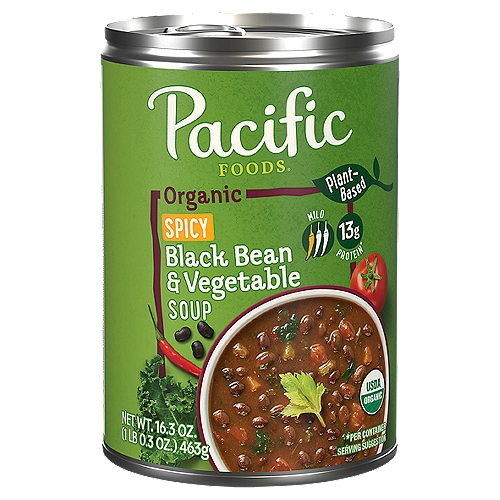 Pacific Foods Organic Plant Based Spicy Black Bean and Vegetable Soup, 16.3 oz Can